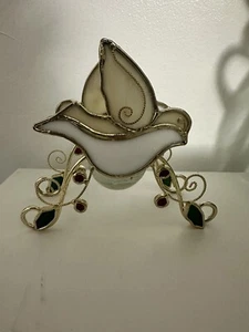 Stained Glass Dove Bird Candle Holder Votive Tea Light Metal Gold Wire Scrolled - Picture 1 of 8