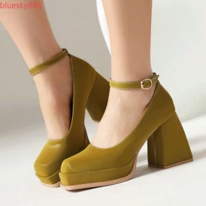 Women Mary Jane Shoes Square Toe Platform Chunky Heels Ankle Strap OL Pumps Shoe - Picture 1 of 26