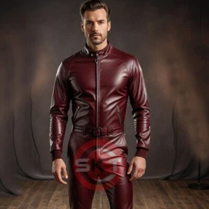 HERREN BORDEAUX ECHT WEICHES LEDER CATSUIT OVERALL BODYSUIT JUMPSUIT MIT GÜRTEL - Bild 1 von 3