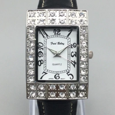 Reloj Fred Belay Mujer 27mm Tono Plateado Cristales Correa Cuero Negro Batería Nueva Foto 1 de 4