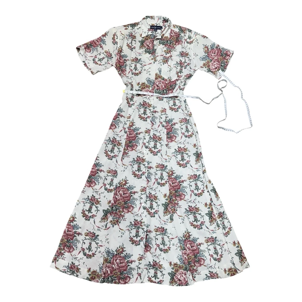 Vtg Ralph Lauren White Floral Maxi Dress Sz 4 Button Front Pockets Short Sleeve - Image 1 of 4