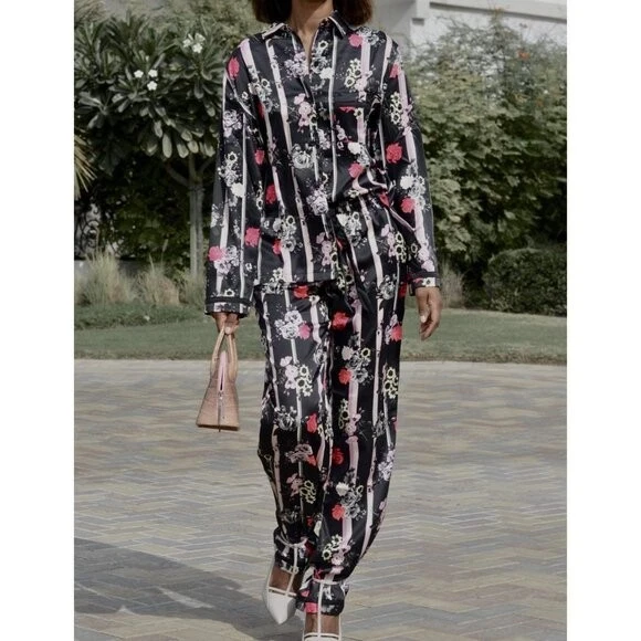 Victoria's Secret Medium The Satin PJ Pajama Set Pink Floral W/ Stripe