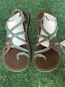 New Plaka Womens Sandals Teal And Brown BOHO Braid Design With Toe Ring Sz 10 - Picture 1 of 12