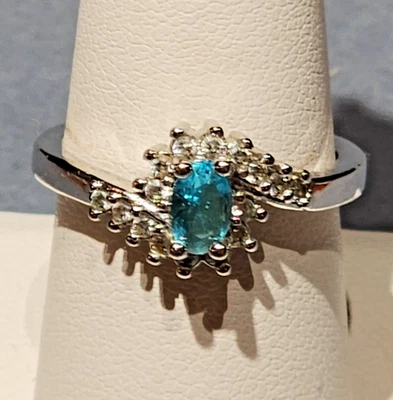 Anillo Topacio Azul y Topacio Blanco Plata de Ley 925 Sólida Talla 8 Foto 1 de 4