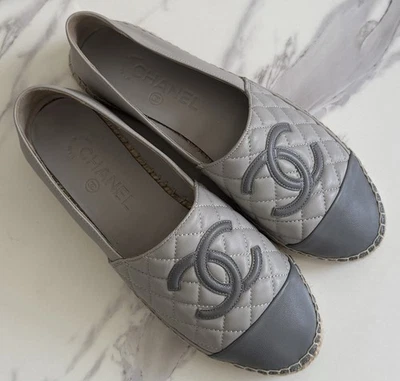 Chanel Lambskin Quilted CC Cap Toe Espadrilles EU 41 . US 10 Gray Leather Flat - Image 1 of 4