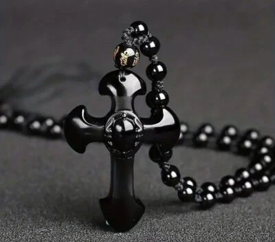 Collar Colgante Cruz Obsidiana Piedras Preciosas Naturales con Collar de Cuentas de 6mm 683  Foto 1 de 4