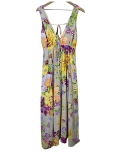 H&M Linen Blend Floral Multicolor Maxi Dress S Sleeveless V-Neck Boho Tie Back - Picture 1 of 7