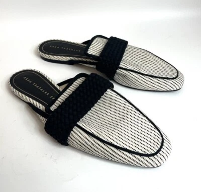 ZARA TRAFALUC Stripped Mules Black & White Flats 39 US 8 - Image 1 of 4