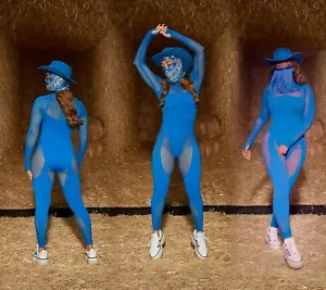 Adidas Ivy Park Beyonce Rodeo Collection Blue Mesh Knit Catsuit Size M - Picture 1 of 7