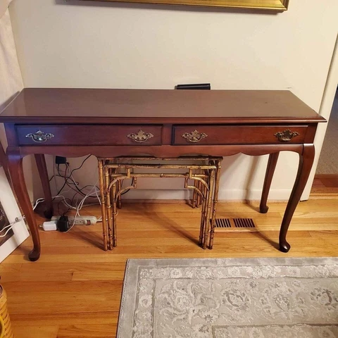 Vintage Mid-Century Queen Anne Style Mahogany Console Sofa Entry Table Drawers Cover