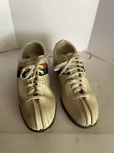 ZAPATOS BOWLING STRIKER VINTAGE TALLA 9 CUERO BEIGE RAYAS MARRÓN AZUL - Imagen 1 de 3