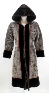 VTG Women's 60s Gray & Black Faux Fur Hooded Coat 1960s Wool Sz S/M Satin Lining - Picture 1 of 12