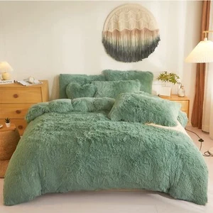 Shaggy Duvet Cover 5 Set, Fluffy Faux Fur Green Comforter Set Queen - Plush U... - Picture 1 of 9