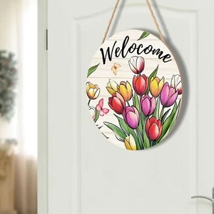 Spring Decorations Colorful Butterflies Flowers Welcome Wood Door Wall Sign Gift - Picture 1 of 12