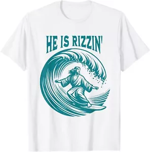 He Is Rizzin Easter Jesus Surfing Funny Retro Vintage T-Shirt - Picture 1 of 4