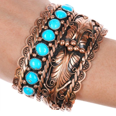 7" Copper plated Sterling silver Running Bear shop turquoise cuff bracelet - Image 1 of 4