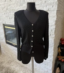 ST JOHN EVENING KNIT CARDIGAN SWEATER 6-BUTTON PLACET EMBELLISH-RHINESTONES BLK - Picture 1 of 20