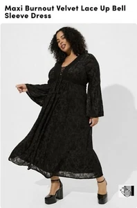 Torrid 1 (1x, 14/16) Black Burnout Velvet Lace Bell Sleeve Maxi Dress New W/Tags - Picture 1 of 8