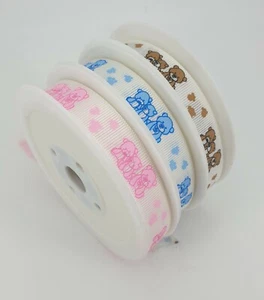 Cinta de grosgrain de oso de peluche suave acanalada tamaño 15 mm bebé rosa azul y marrón - Imagen 1 de 7