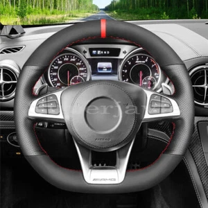 Custom Black Suede&PU Leather Steering Wheel Stitch on Cover For Mercedes W205 - Picture 1 of 11