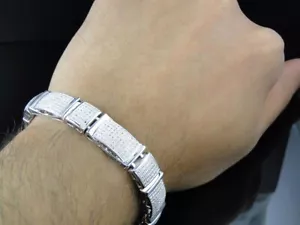12.5 MM Natural Moissanite 14K White Gold Over Statement Link Mens Bracelet 8.5" - Picture 1 of 11
