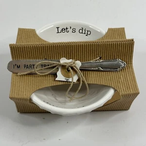 Mud Pie "Circa Let's Dip Dip" Set Pedestal Bowl w/ Spreader "I'm Party Trained" - Picture 1 of 8