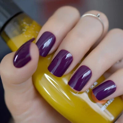 24 Press on Nails kit with glue dark purple shiny eggplant deep short - Image 1 of 4