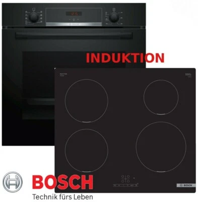 Induktion Herdset Bosch Schwarz Autark Backofen 3D Heißluft + Kochfeld Induktion - Bild 1 von 4