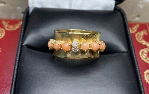 18 Karat Gelbgold Koralle Diamant Vintage Antik Cocktail 750 Satin Band Ring 5 1/2 - Bild 1 von 14