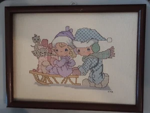 Vintage Framed Finished Precious Moments Cross Stitch Girl Boy Sled Christms - Picture 1 of 3