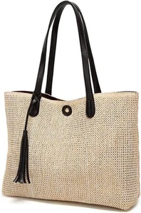 Women Straw Summer Beach Bag Handwoven Big Tote Leather Shoulder Beige - Picture 1 of 7