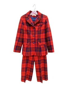 Vintage Pendleton 2 pc Wool Pant Suit Women's Blazer Sz 8 Pants Red Tartan Plaid - Picture 1 of 8