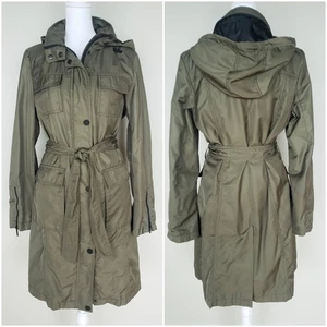 Tahari Damen olivgrün Gürtel Trenchcoat Jacke Gr. S versteckte Kapuze Regenmantel - Bild 1 von 14