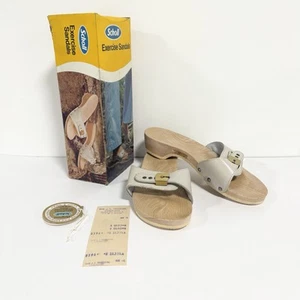 Vintage Scholl Exercise Sandals Bone Sz 9 West Germany Leather Wooden Buckle - Picture 1 of 24