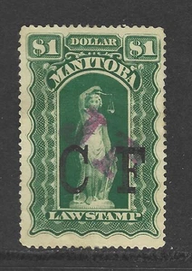 Bigjake: Manitoba ML-93, $1.00 Law Stamp - JF on CF - Bild 1 von 2