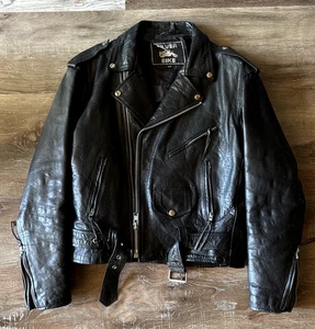 Black Genuine Leather Motorcycle Jacket Silver Bike Brand Size Lg. 40 Waist belt - Picture 1 of 16