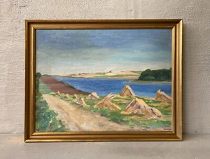 Ölbild 1948 Impressionist signiert Küstenlandschaft mit Kornhocken Vintage - Bild 1 von 12