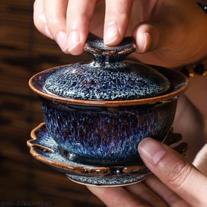 Jianzhan Gaiwan Porcelana Azul Esmalte Horno Cambio Tureen Con Tapa Platillo Cuenco Nuevo - Imagen 1 de 3