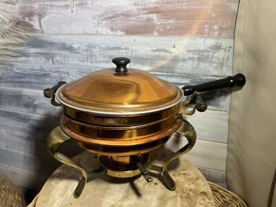 Vintage Copper Brass Chafing Dish Pan Warmer Double Broiler Handles 5Pc Set - Image 1 of 4