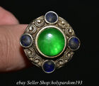 1.2" Old Chinese Silver Green Jade Gem Ornaments Jewelry Round Ring  