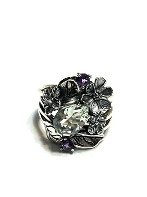 NUEVO SIN ETIQUETAS O PAZ ANILLO DE PLATA ESTERLINA 925 FLORAL PRASIOLÍTA AMATISTA TALLA 7 ISRAEL PZ Foto 1 de 4
