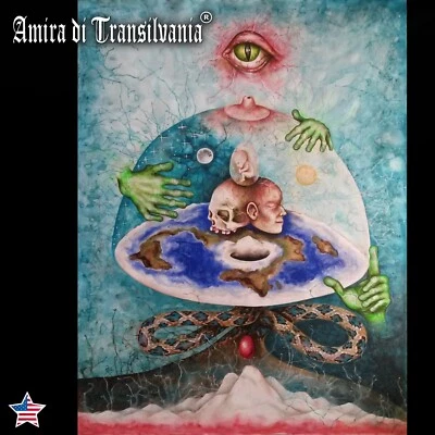 contemporary art painting flat earth sun moon skull alien real truth bible snake - Image 1 of 4