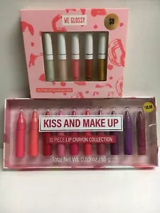 Lot Of 1 Kiss And Makeup Lip Crayon Collection 10 Piece Set & 1 Glitter Lip - Picture 1 of 11