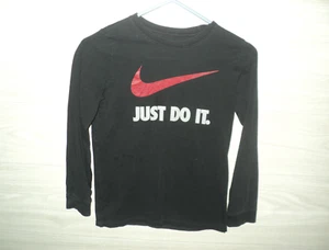 The Nike Tee Shirt Boy's Size M Black Just Do It Red Swoosh Long Sleeves Cotton - Picture 1 of 3