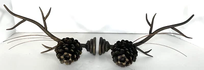 Set of 2 Brass Curtain Rod Finials – Pine Cone w/ Branch & Needles – Rustic Cabi - Image 1 of 4