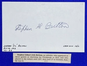 Stephen Gil Britton 1913 Pittsburgh PIRATES Signed Autographed Index Card d.1983 - Picture 1 of 5