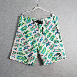 Maui and Sons Men Swimwear 38 Green Board Shorts Shark Monster Drawstring - Picture 1 of 9