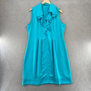 Elie Tahari Dress Womens Large Blue Shift Ruffle Neckline Zip Front Pleated Knee - Picture 1 of 9