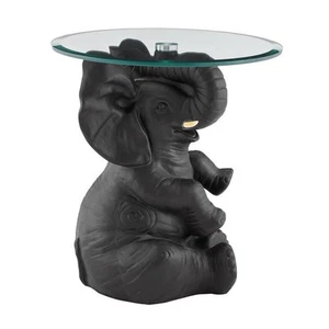 Linon Ernie Elephant Glass Top Accent Table in Dark Gray Resin - Picture 1 of 9