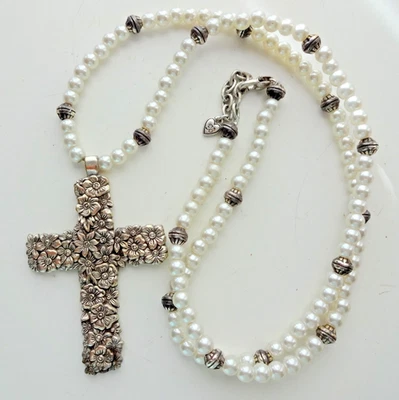 Brighton Grande Cruz Lola Flor Perlas Plato Plata Colgante Collar Cuentas 32" Foto 1 de 4